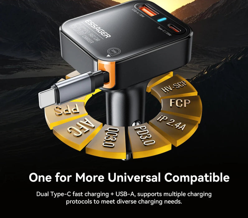 65W Usb C Car Charger 3 Ports With Retractable Cable Pd3.0 Qc3.0 30W Fast Charging For Iphone 16 15 Ipad Samsung Xiaomi