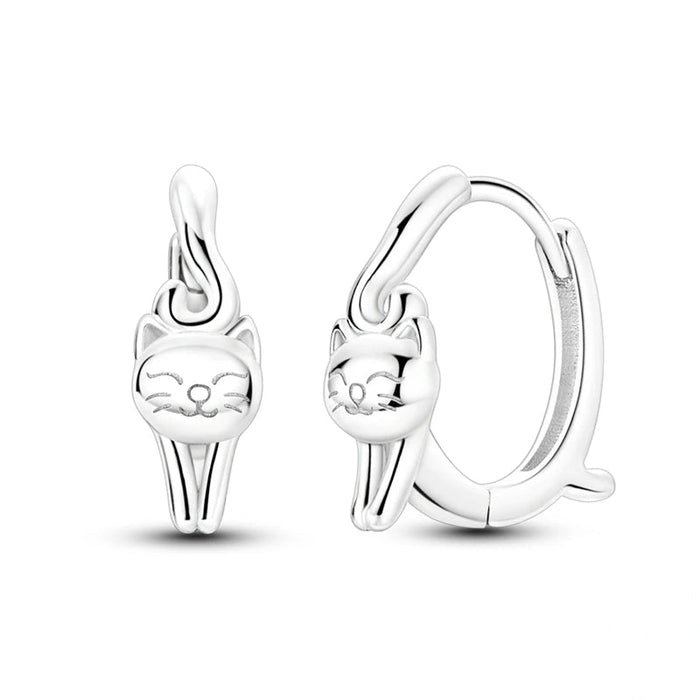 925 Sterling Silver Cat Hoop Earrings Vegetarian For Women & Girls