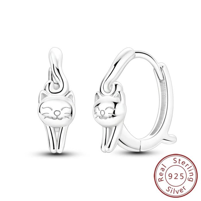 925 Sterling Silver Cat Hoop Earrings Vegetarian For Women & Girls