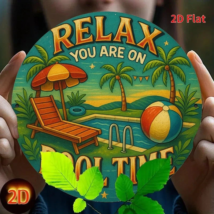 Vintage Pool Time Metal Sign Palm Trees & Lounge Chairs