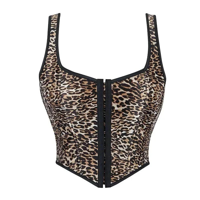 Leopard Print Steam Punk Vest With Front Hook Clip And Thick Straps Women Cropped Corset Bustier