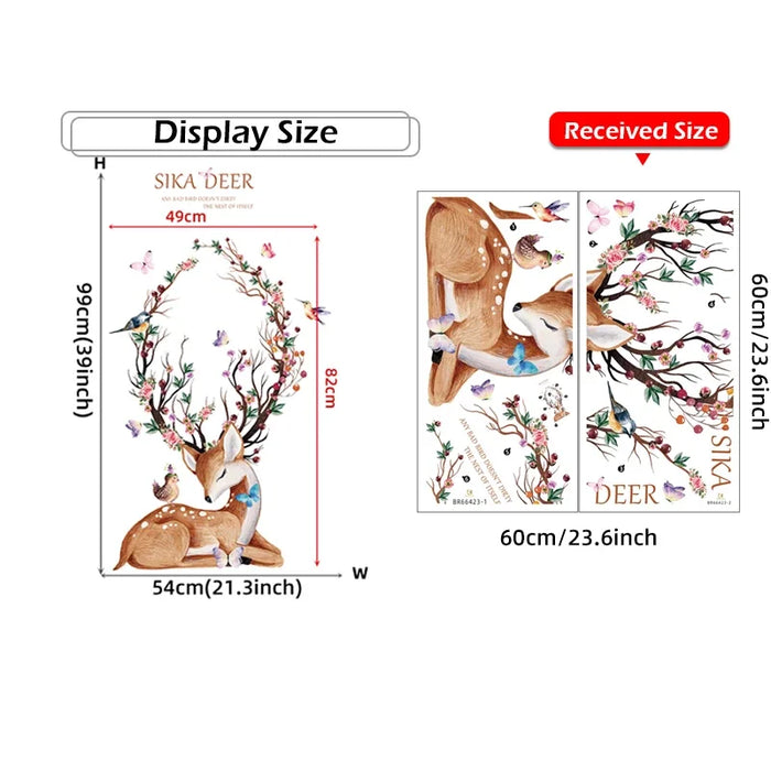 Watercolour Sika Deer Flower Birds Wall Stickers 54X99Cm Living Room & Kids Bedroom Decor