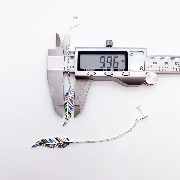 925 Sterling Silver Colourful Feather Drop Earrings For Women Autumn Jewelry