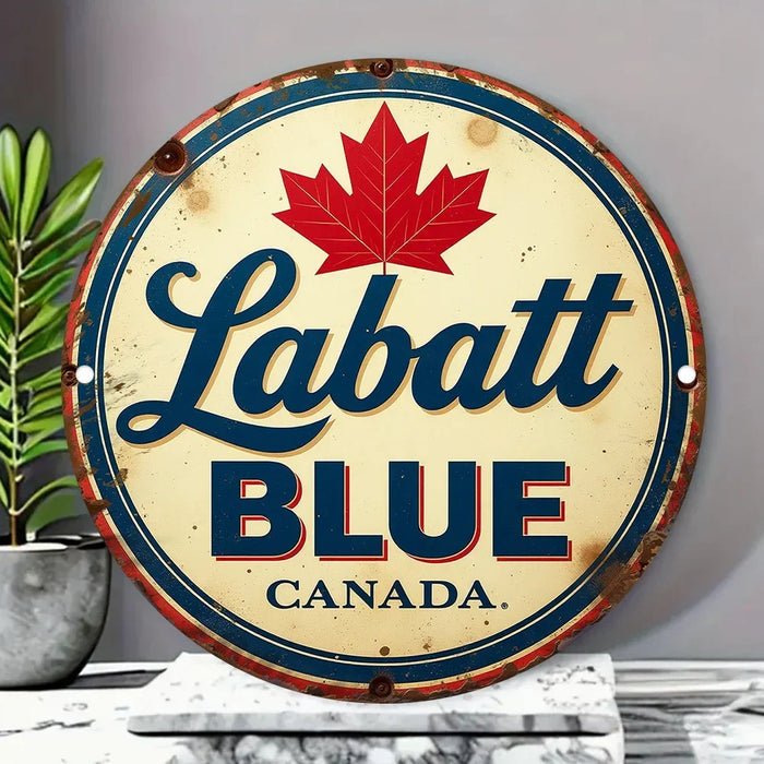 Vintage Labatt Blue Canada Beer Sign Rustic Round Aluminum Wall Art