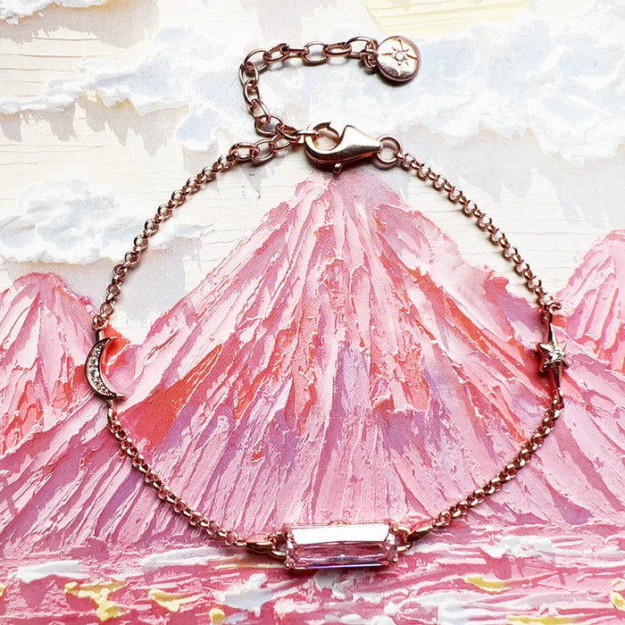 925 Sterling Silver Romantic Gift Rose Gold Bracelet With Pink Stone Star And Moon Jewelry For Women