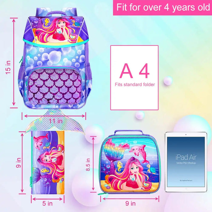 3 Piece Mermaid Backpack Set For Kids