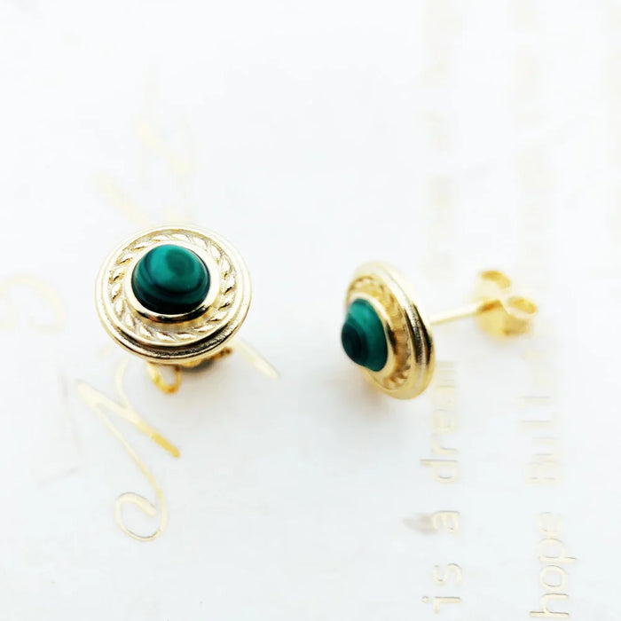 925 Sterling Silver Vintage Green Stone Gold Stud Earrings