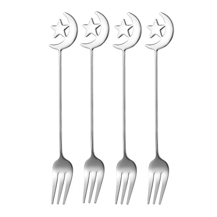 4 / 8 Piece Stainless Steel Star Moon Spoon & Fork Set For Coffee & Dessert