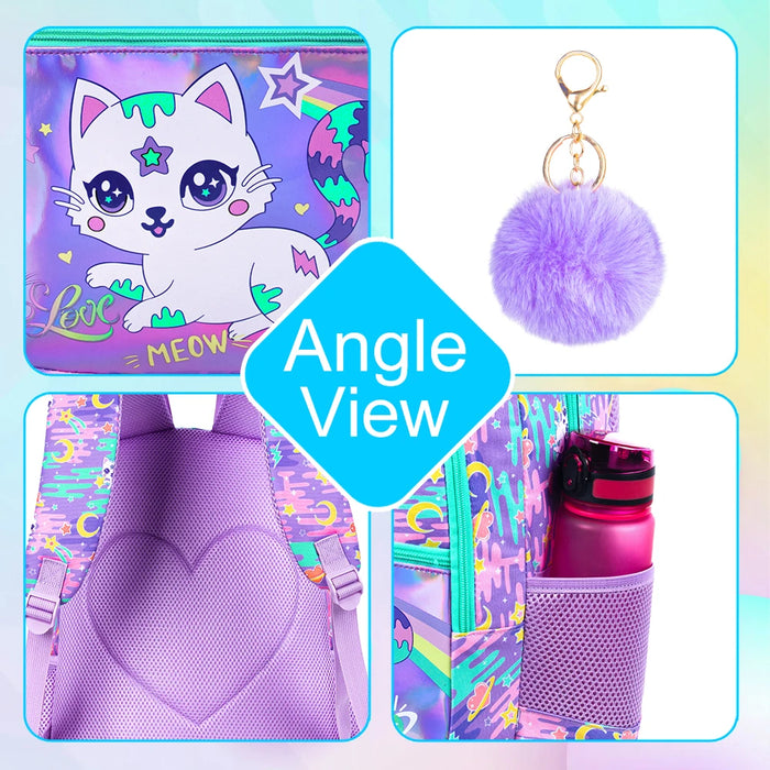 16.5 Inch Cat Backpack Set For Girls Waterproof Lightweight