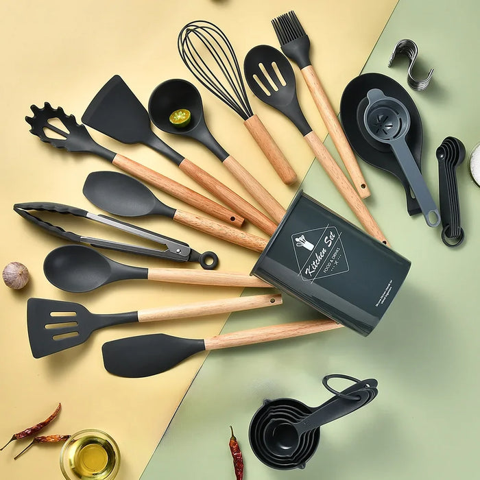 34 Piece Non Stick Silicone Kitchen Utensil Set With Wooden Handles
