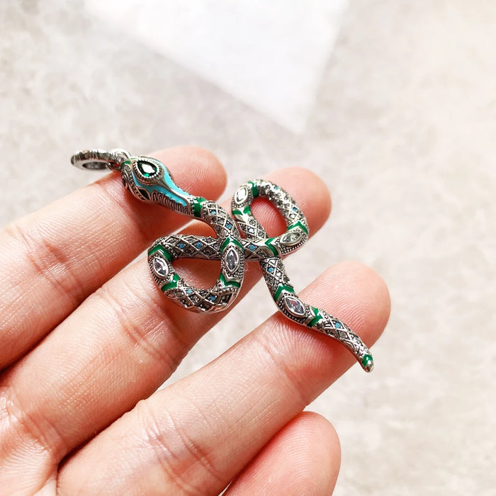 925 Sterling Silver Green Snake Spring Pendant Bohemian Gift For Women