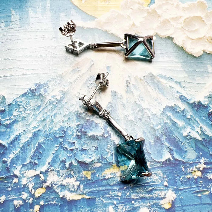 925 Sterling Silver Square Aquamarine Drop Earrings For Women