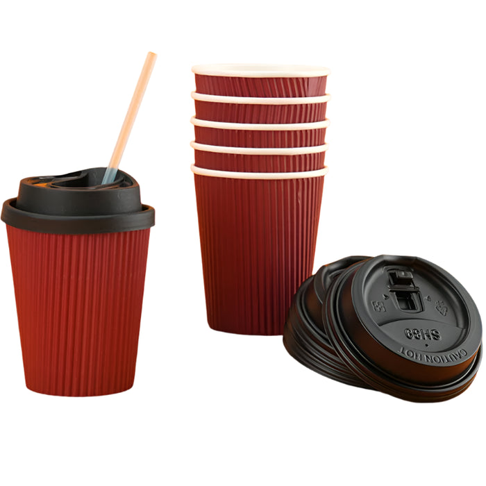 25Pc 8Oz Burgundy Double Wall Insulated Paper Coffee Cups With Lids Portable & Disposable