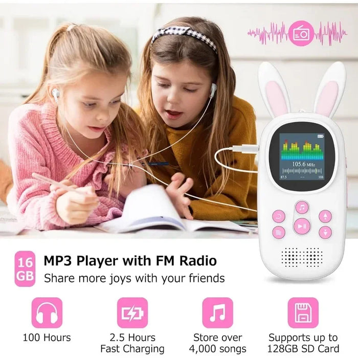 32Gb Kids Mp3 Player With Bt & Speaker Cute Bunny Design Supports Up To 128Gb