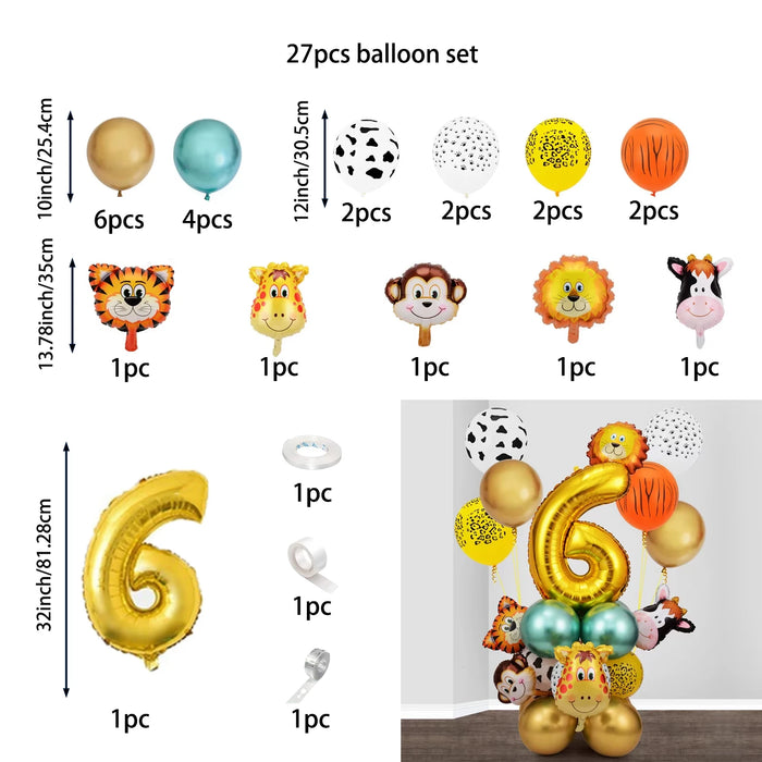 27Pcs Animal Balloons Gold Digital Balloons Jungle Animal Themed Birthday Party Decorate Anniversary Party