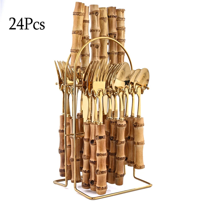 24 Piece Bamboo Handle Stainless Steel Cutlery Set