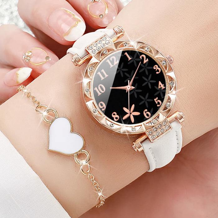 6 Piece Floral Dial Quartz Watch Bracelet Set - Without Box