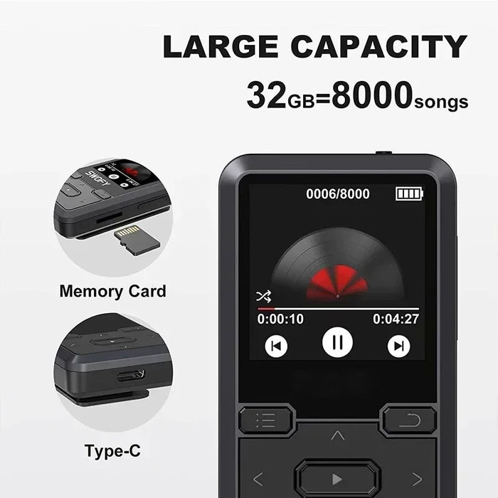 32Gb Mini Clip Mp3 Player With Bt 5.0 Pedometer Fm Radio 1.44 Screen