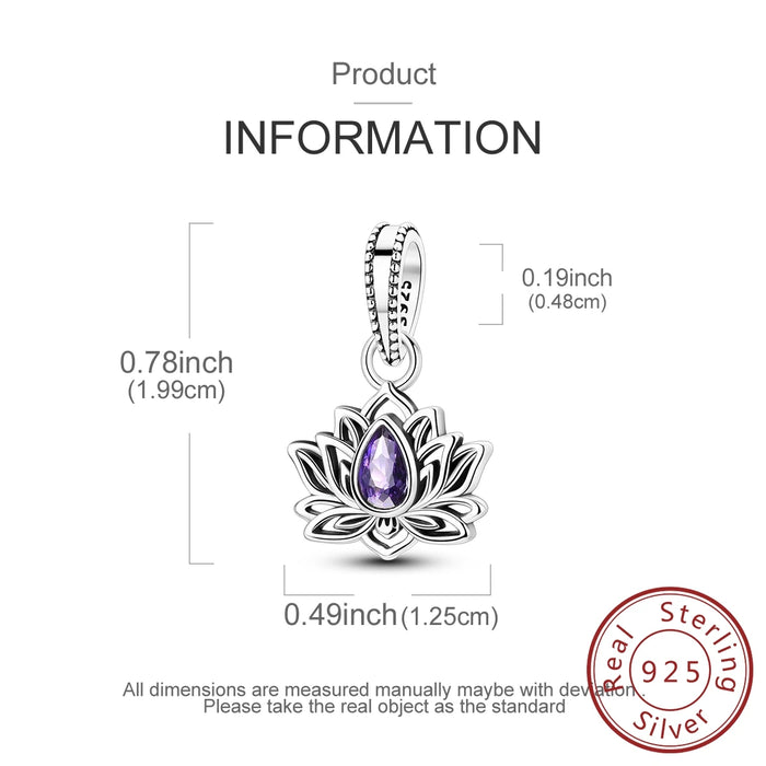 925 Sterling Silver Lotus Flower Pendant Purple Gemstone Charms For Women Bracelets & Necklaces