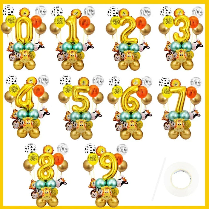 27Pcs Animal Balloons Gold Digital Balloons Jungle Animal Themed Birthday Party Decorate Anniversary Party