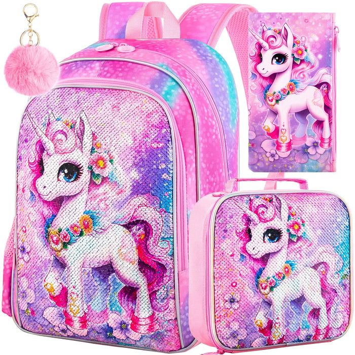 3 Piece Unicorn Backpack Set For Girls 16 Inch Sequin Bookbag Lunch Box Preschool To Elementary