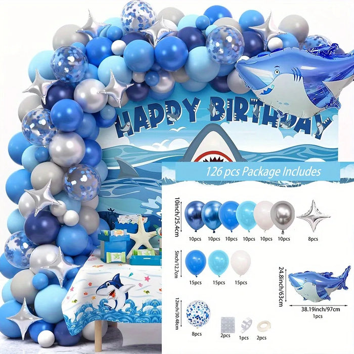 126Pcs Ocean Themed Shark Balloon Garland Arch Set - Birthday Party Blue And White Round Balloon Indoor And Outdoor Decoration