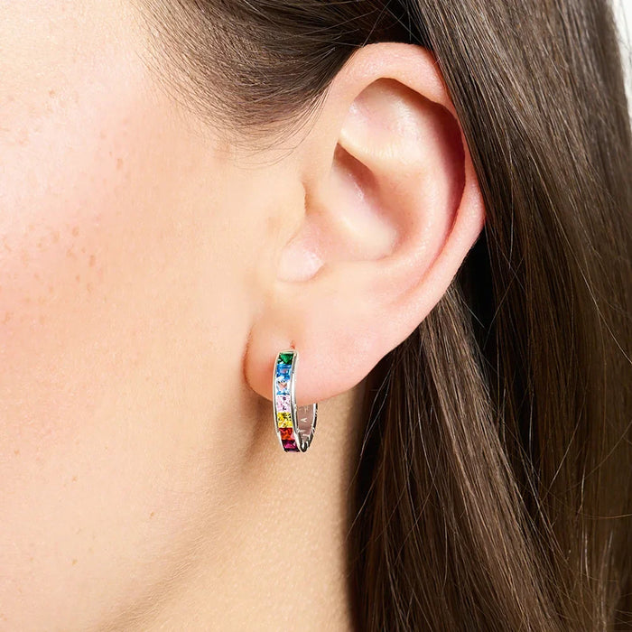 925 Sterling Silver Boho Rainbow Stone Hoop Earrings Real European Glam Jewelry For Women