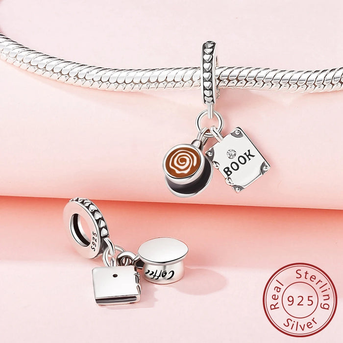 925 Sterling Silver Coffee Cup Book Pendant Fits Bracelet Women Diy Gift