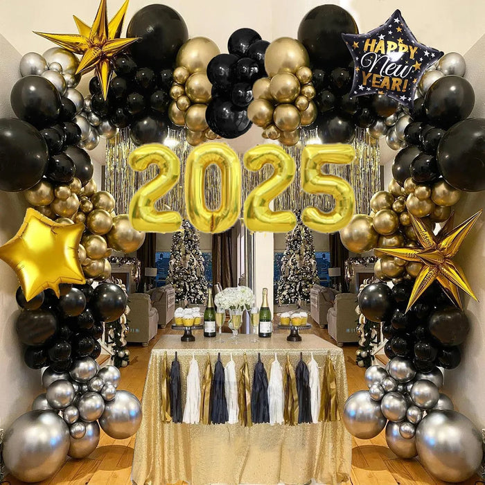 2025 Happy New Year Balloons 113Pcs Black And Gold Balloons Suitable For New Year Reunion Celebrations Birthday Parties Etc