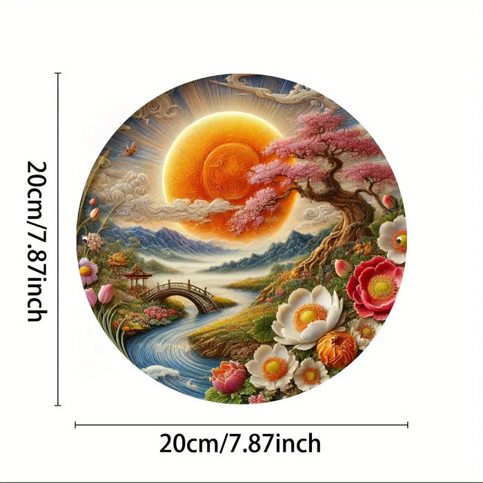 8X8 Inch Round Metal Wall Art Spring Floral & Landscape Weather-Resistant Hd Print Easy Hang Home Garden Cafe Bar