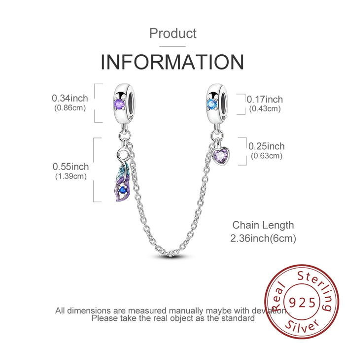 925 Sterling Silver Blue Purple Feather Safety Chain For Women Bracelet