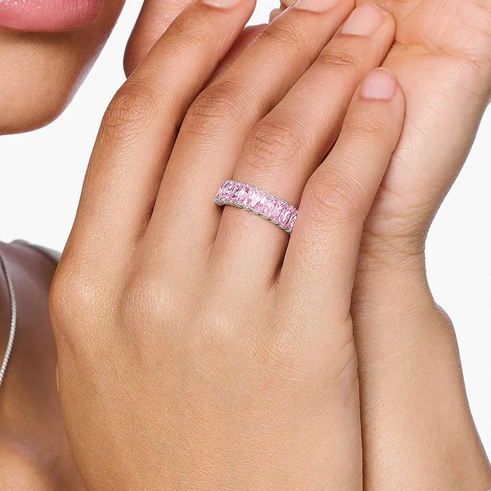 925 Sterling Silver Pink Pavé Band Ring Europe Style Fine Jewelry For Women