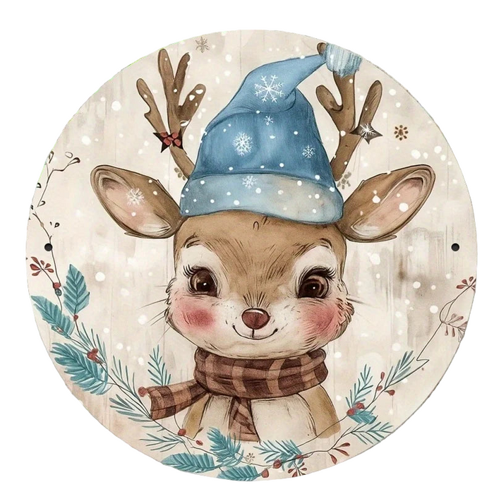 Round Holiday Metal Sign With Cute Deer Design 7.8X7.8 Inches