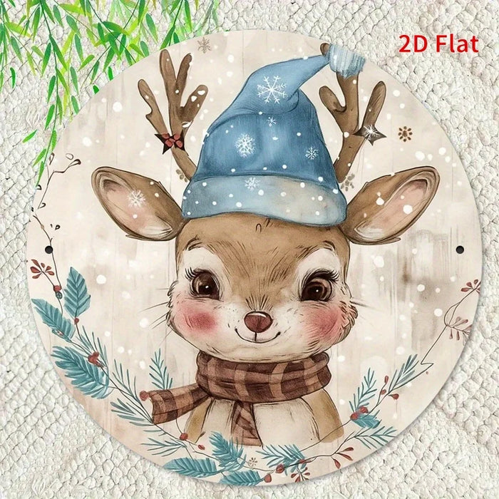 Round Holiday Metal Sign With Cute Deer Design 7.8X7.8 Inches