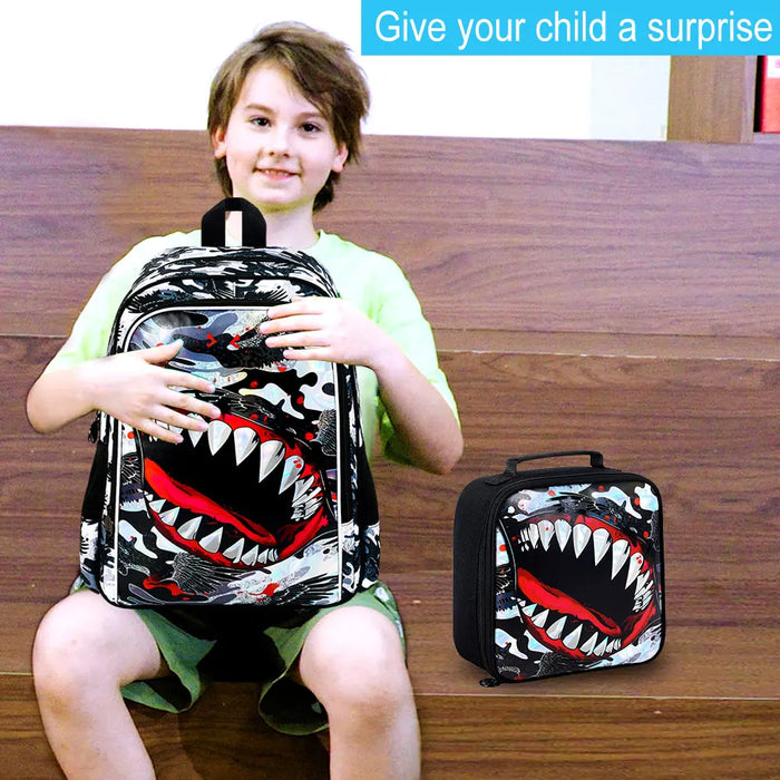 3 Piece Shark Backpack Set For Boys 16 Inch Bookbag With Lunch Box Elementary School
