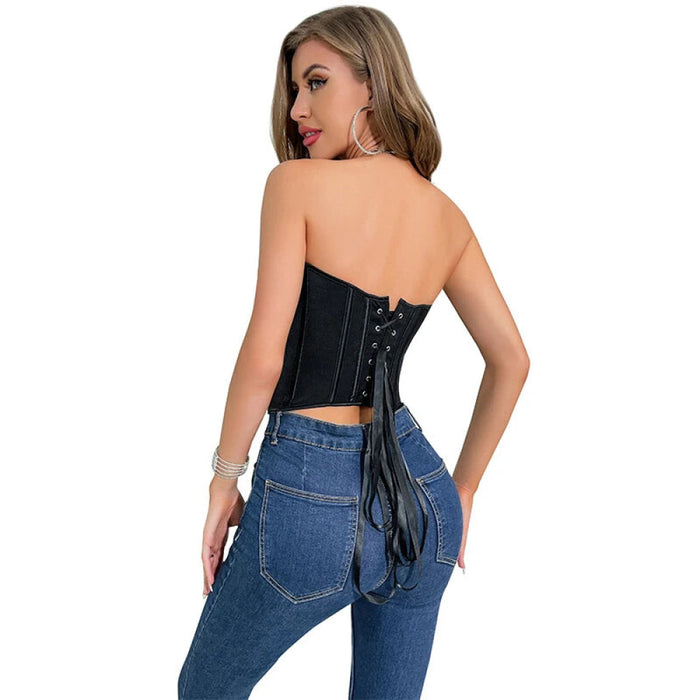 Alluring Sheer Mesh Ruched Corset Crop Top With Hook 14 Glue Bones O-Neck Strapless Sleeveless Corselet Tank Top