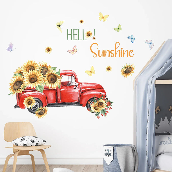 Watercolour Pickup Truck Sunflower Wall Stickers Removable Pvc Living Room Decor
