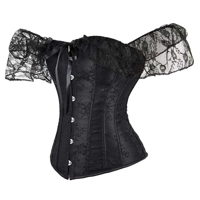 Floral Lace Corset With Off Shoulder Sleeves Plus Size S-6Xl Bow Tie Chest Biner Bustier Top In Black