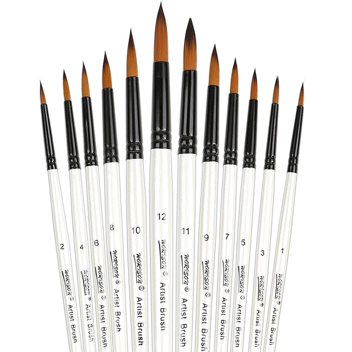 12 Piece Round Filbert Paint Brush Set For Acrylic Oil Watercolour Gouache Synthetic Nylon