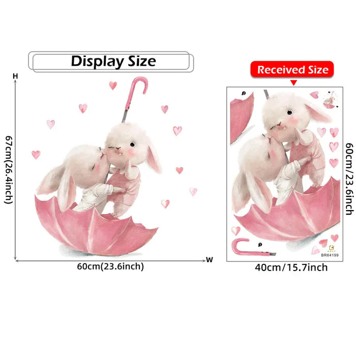 Watercolour Pink Umbrella With Bunny Wall Stickers And Hearts For Kids Room Decor