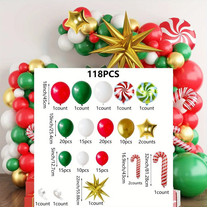 118Pcs Festive Christmas Balloon Garland Set Red Green White Gold Balloon Star Candy Cane And Gift Box Festive Decoration