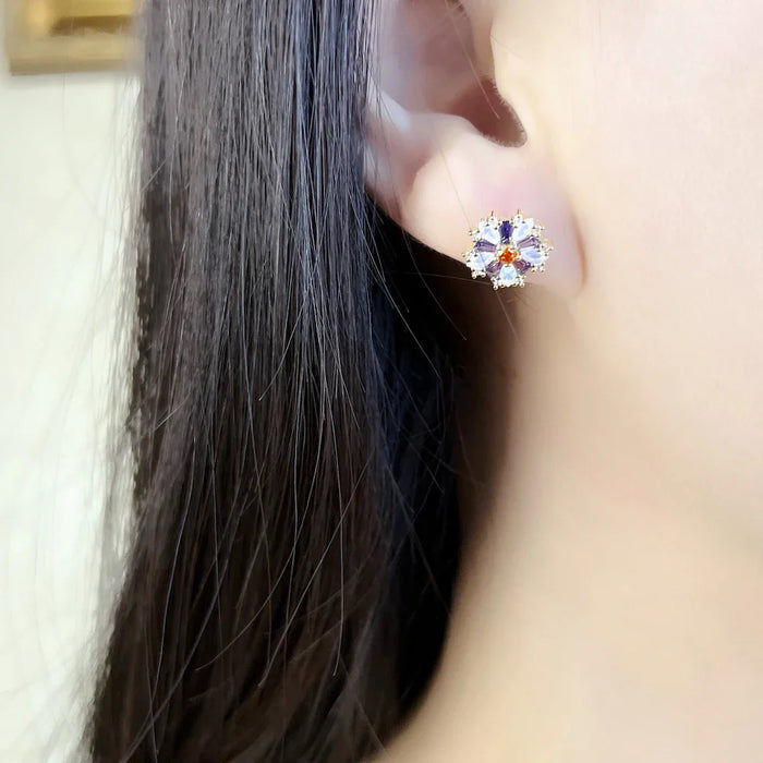 925 Sterling Silver Floral Stud Earrings With Colourful Stones