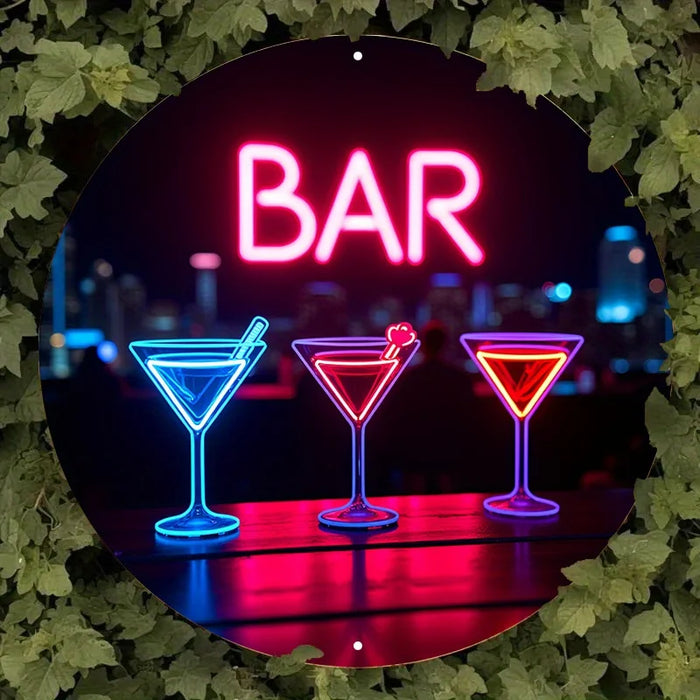 Retro Neon Cocktail Bar Sign City Skyline Metal Art For Home Pub & Cafe