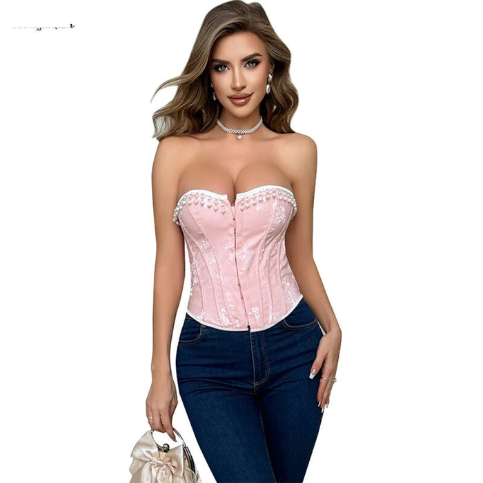 Floral Jacquard Lace Up Boned Victorian Corset With Beading And Tassel Detail Adjustable Hook And Eye Closure