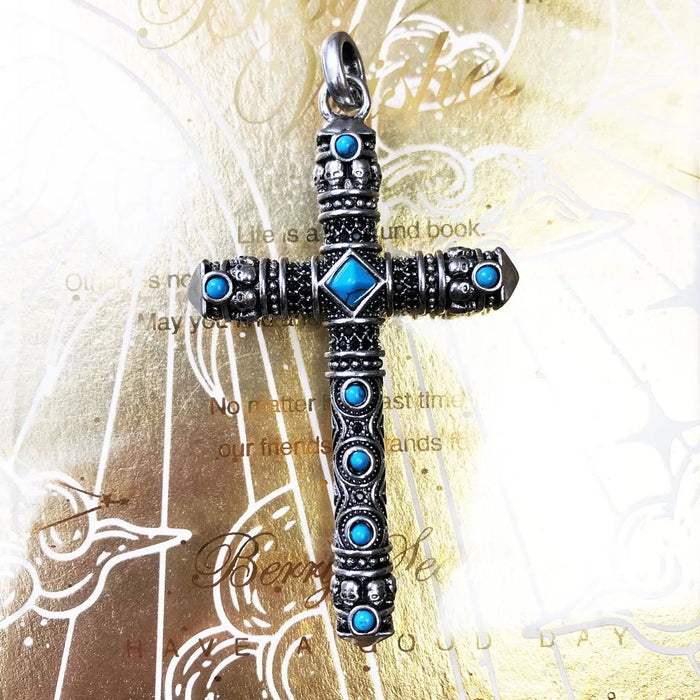 925 Sterling Silver Blue Stone Cross Pendant Faith Gift For Men & Women