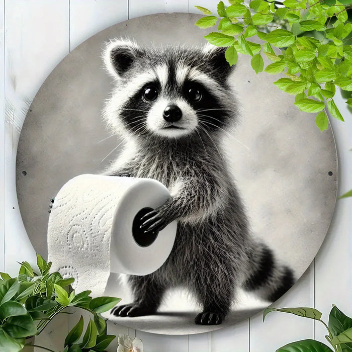 Round Raccoon Metal Wall Art 2D Printed Animal Decor For Home Office Garden & Patio