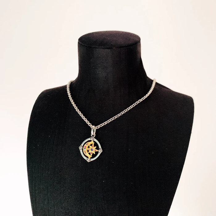 925 Sterling Silver Golden Star & Moon Pendant Necklace Lucky For Women