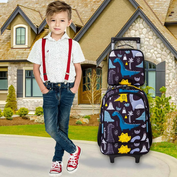 3 Piece Kids Rolling Backpack Set With Dinosaur Design