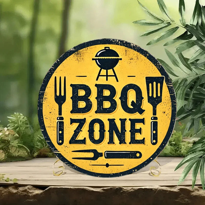 Rustic Bbq Wall Art 7.87 Inch Aluminum Sign With Grill & Utensils Design