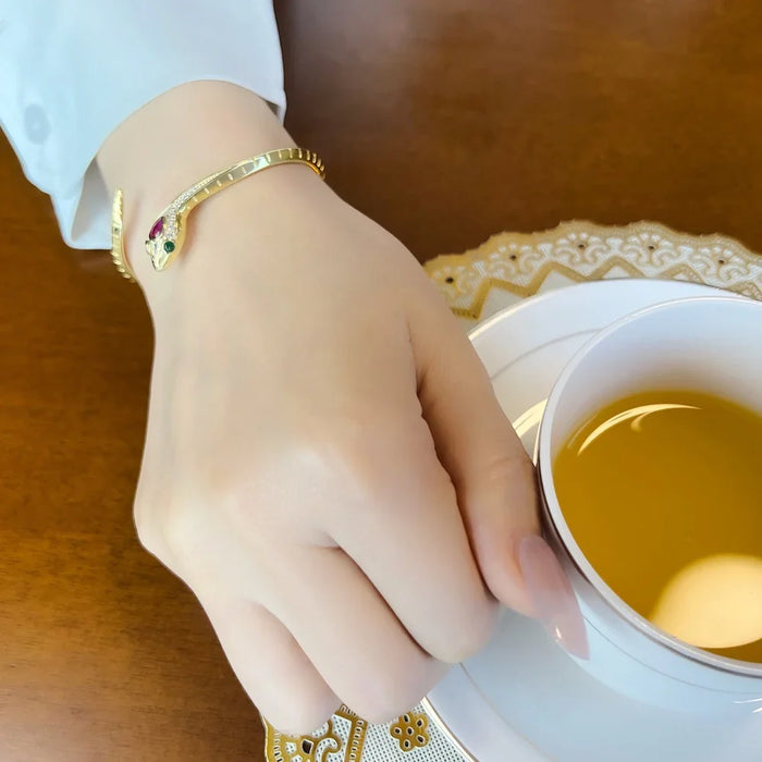 925 Sterling Silver Bohemian Golden Snake Bangle Fine Bracelet For Women